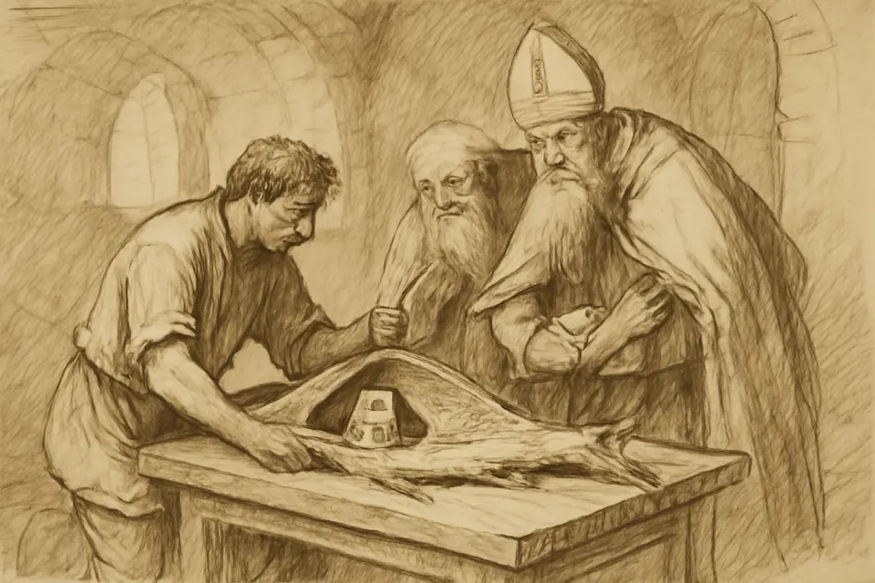 Ink-drawing-style scene of a fisherman opening a large salmon before an old bishop and a nobleman to reveal a small bronze bell inside