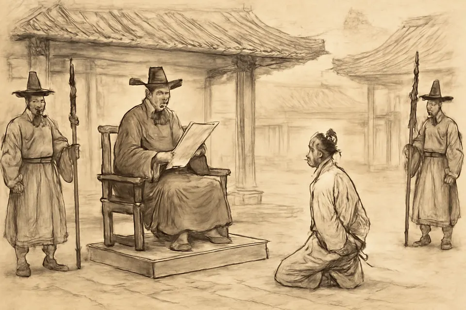 Illustration of a Korean Christian in bonds presenting a written defense of the faith to a seated magistrate in a Joseon courtyard