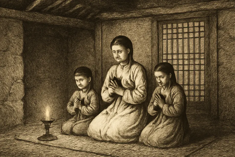 Engraving-style illustration of a Korean widow and her two children praying in secret by lamplight in a poor thatched house