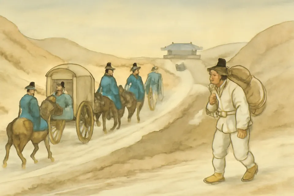 Illustration of a Korean servant on foot in a snowy winter landscape, walking behind the carts of a diplomatic embassy on the road to Beijing