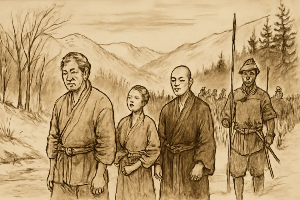 Ink-and-wash scene of a middle-aged Japanese man walking beside his younger brother and a singing twelve-year-old boy in a line of roped prisoners on a winter road