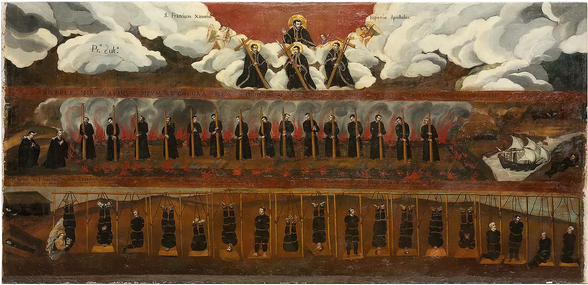 Long, dark painting of two rows of small figures on crosses and stakes across a hillside, with three saints received into golden clouds at the top