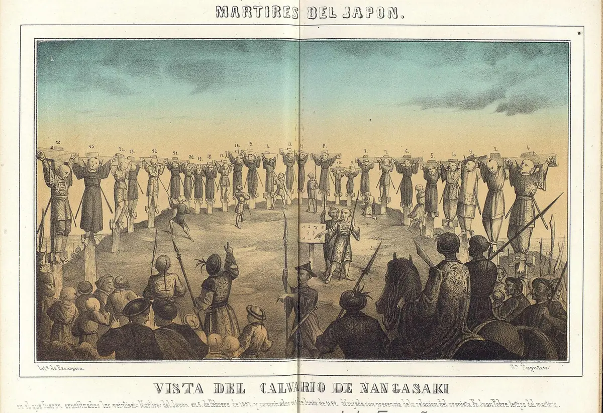 Tinted lithograph of a long row of figures raised on crosses across a hilltop, seen from behind a crowd of soldiers with spears and onlookers