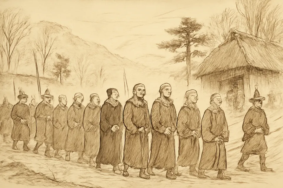 Ink-style illustration of a line of prisoners, among them friars in brown habits, men in Japanese dress and a small boy, walking roped together along a winter mountain road under guard