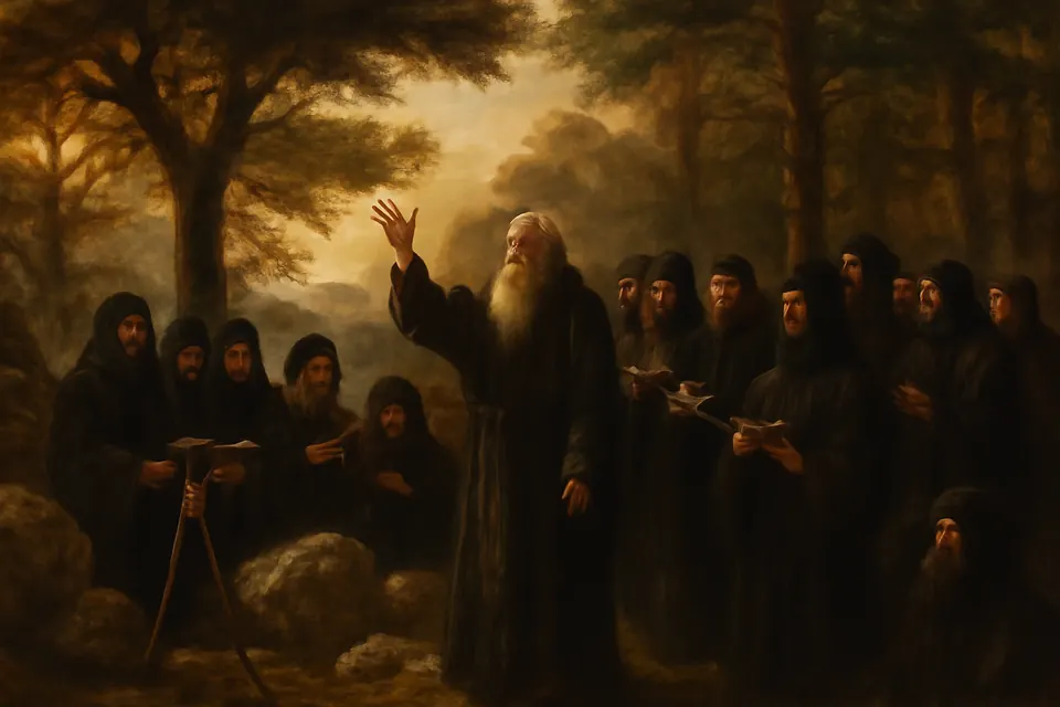 Oil-painting-style scene of an old hermit leading a group of Byzantine monks in singing psalms among the oaks of a mountain forest