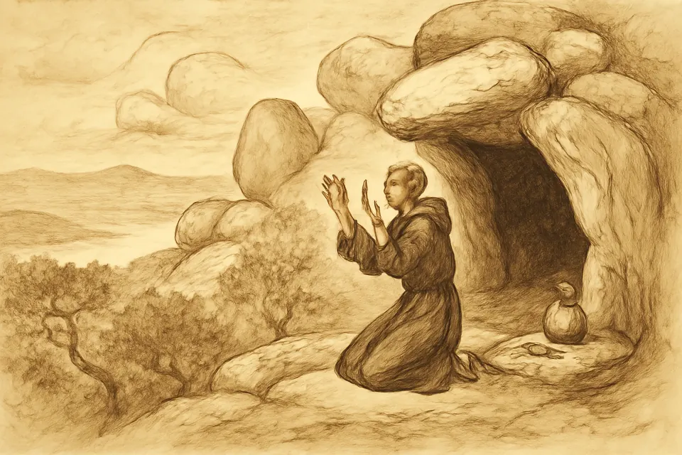Ink-and-wash scene of a young monk kneeling in prayer at the mouth of a cave high on a rocky granite mountain, oak trees and a distant lake below