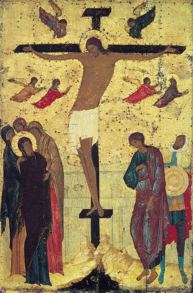 A Russian icon of Christ on the cross with angels above and the Virgin Mary, the holy women, St. John and a centurion standing below