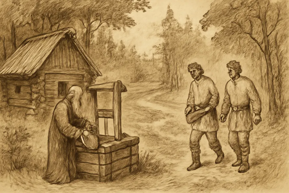 Ink-drawing-style scene of an old hermit monk at a wooden well beside a small log hut, with two visitors approaching through the forest