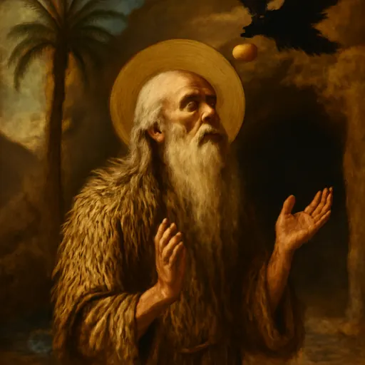 Oil-painting-style portrait of St. Paul of Thebes, a very old hermit with a long white beard and a tunic woven of palm leaves, raising his hands in prayer before a desert cave, with a raven carrying bread overhead