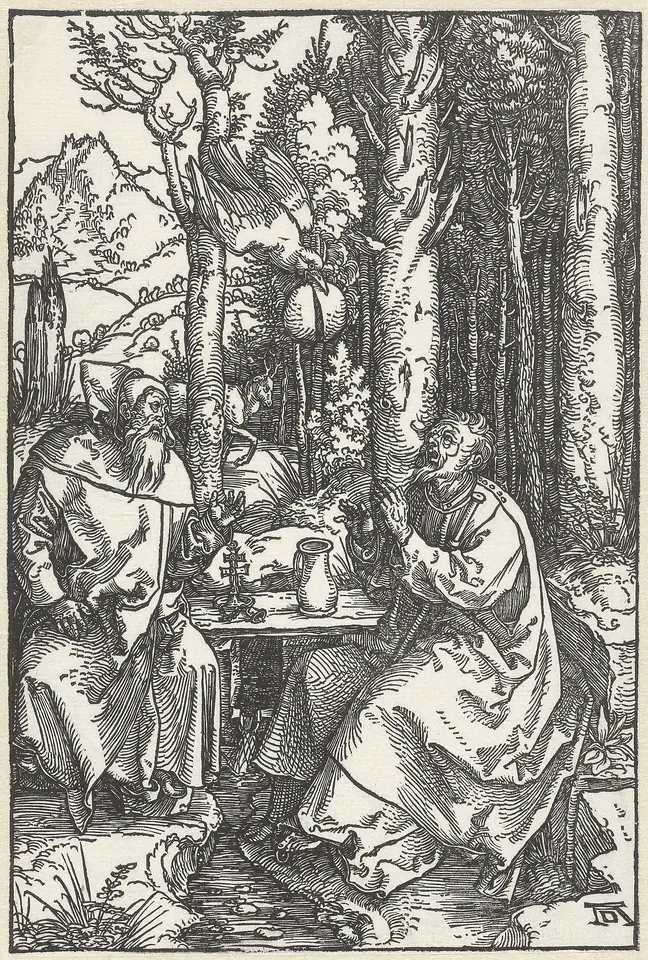 Black-and-white woodcut of two old hermits seated at a small table in a dense forest, as a bird flies in with bread in its beak
