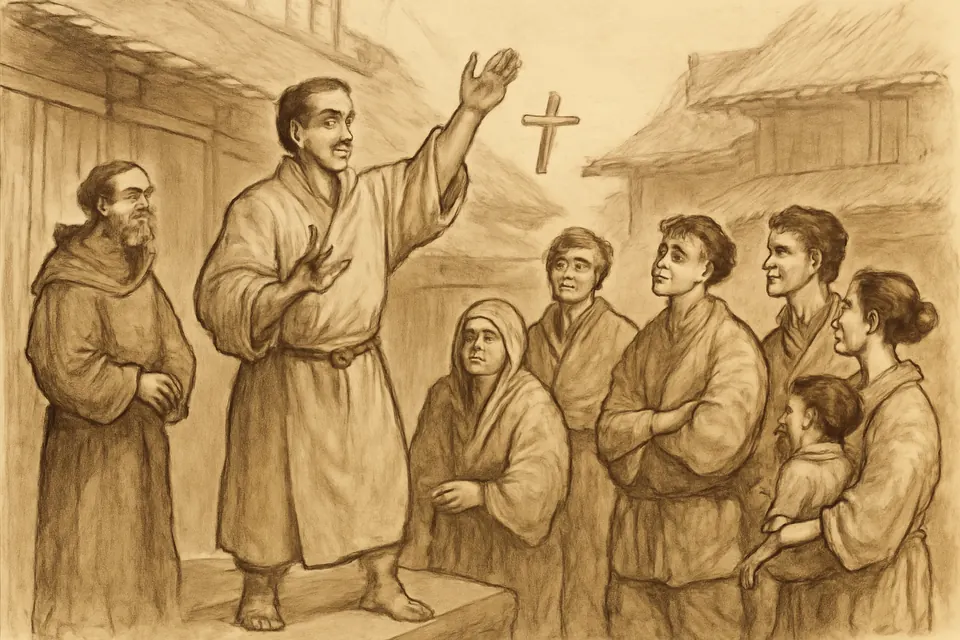 Ink-and-wash scene of a Japanese catechist speaking with energy to a small crowd of townspeople in a Kyoto street, a Franciscan friar listening nearby