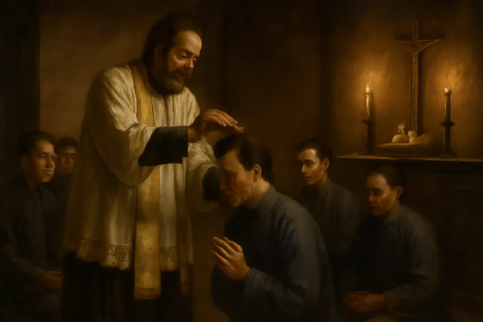 Oil-painting-style scene of a French missionary priest baptizing a kneeling Chinese teenage boy at a candlelit Christmas service in a small chapel