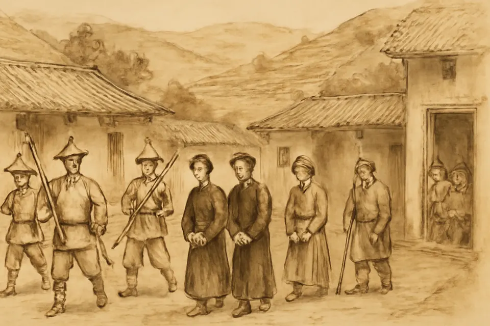 Ink-and-wash scene of Qing soldiers leading away two young Chinese seminarians from a small country seminary, its students watching from the doorway