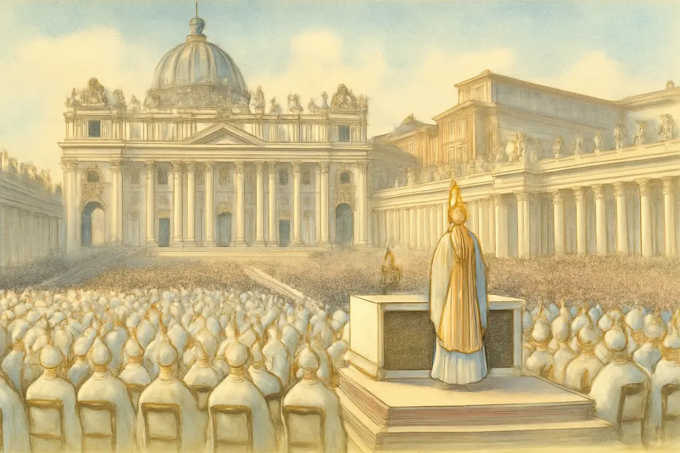 Illustration of Pope Paul VI in white vestments at an outdoor altar before St. Peter's Basilica as bishops in white miters fill the square at the close of the Second Vatican Council