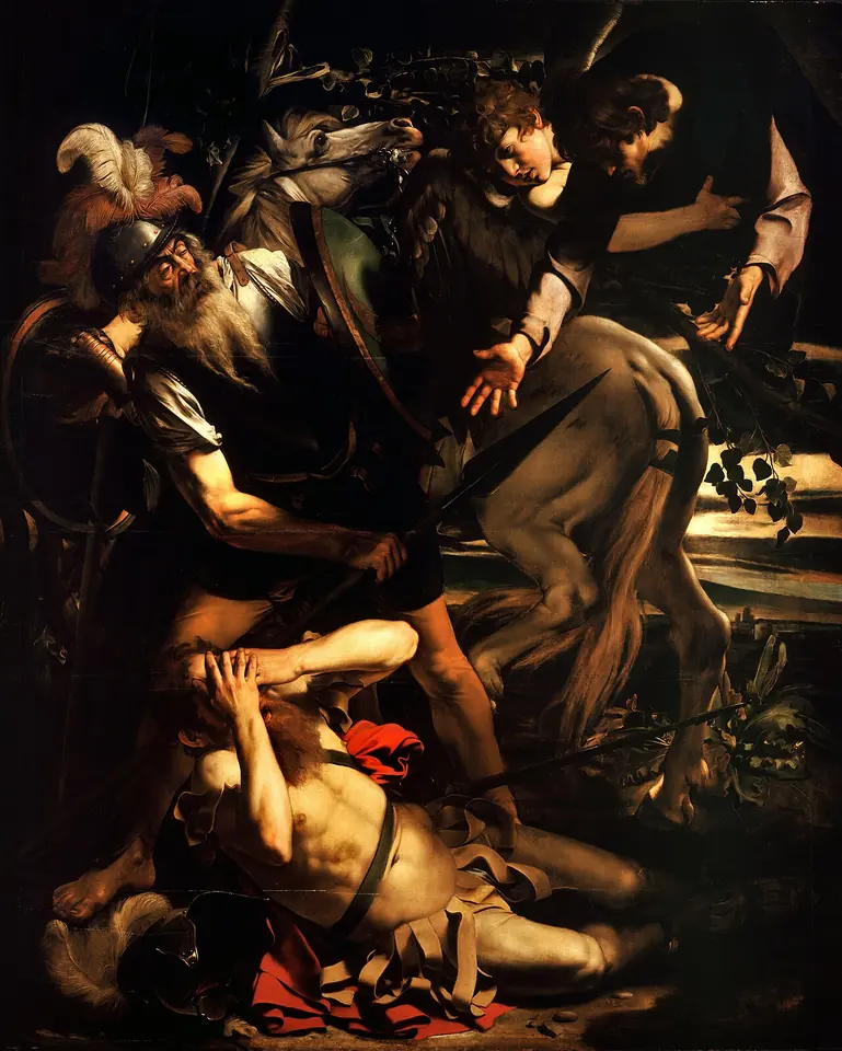 Crowded Caravaggio painting of Saul on the ground covering his eyes with his hands, a bearded soldier with a spear, a rearing horse and Christ held by an angel reaching down from the upper right