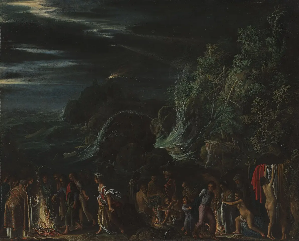Small dark painting of a stormy coast at night, with lightning, a wrecked ship and survivors gathered around a bonfire on the shore, where Paul shakes a snake from his hand