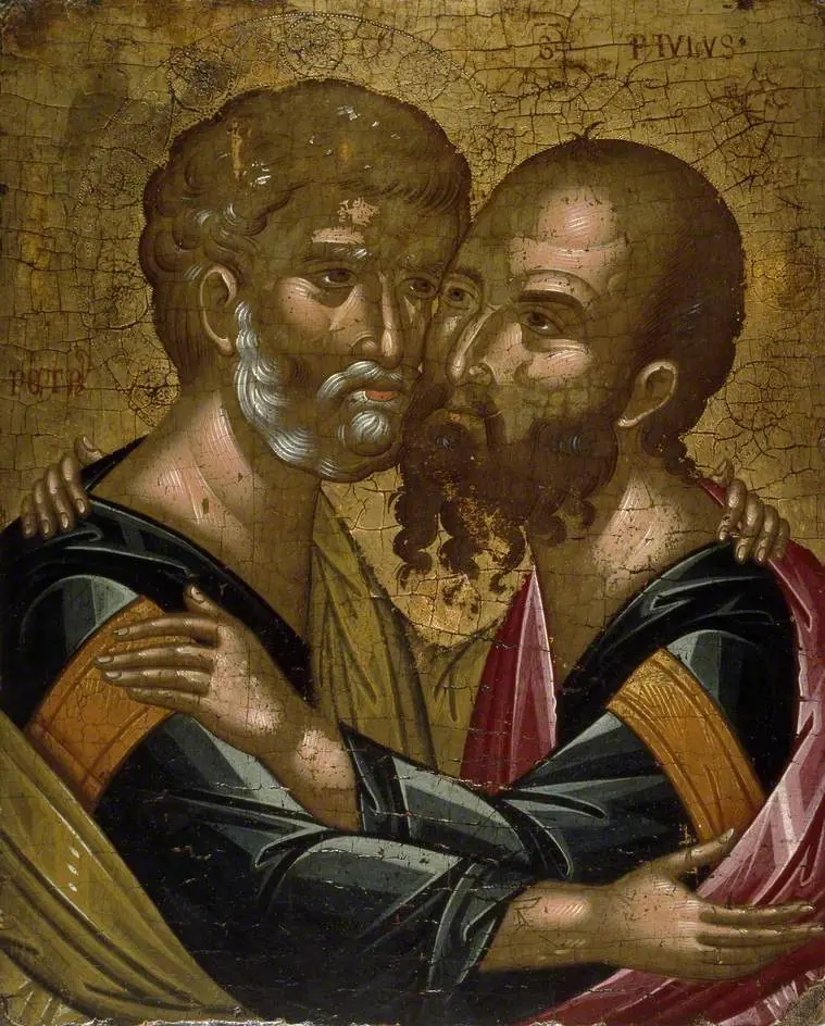Cretan icon of St. Peter, with curly gray hair and beard, and St. Paul, with a bald forehead and dark beard, embracing cheek to cheek on a gold ground