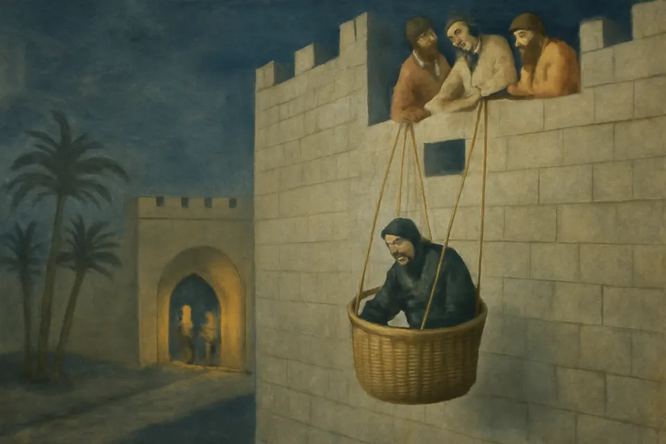 Illustration of Paul being lowered in a basket over the city wall of Damascus at night by his friends