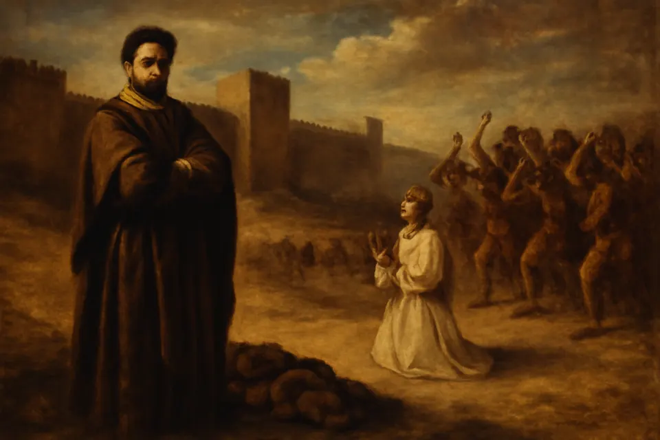 Illustration of the young Saul standing guard over a pile of cloaks while a crowd stones Stephen outside the walls of Jerusalem