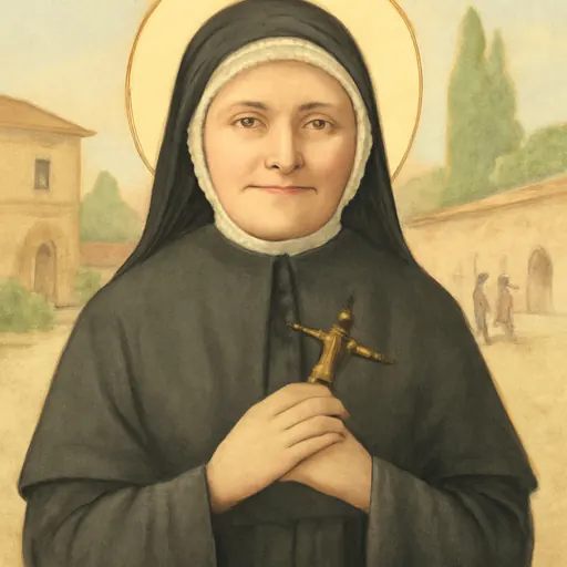 Watercolor-style portrait of St. Paula Frassinetti, a gentle Italian nun of about sixty in a black habit and white ruffled bonnet, with a small crucifix