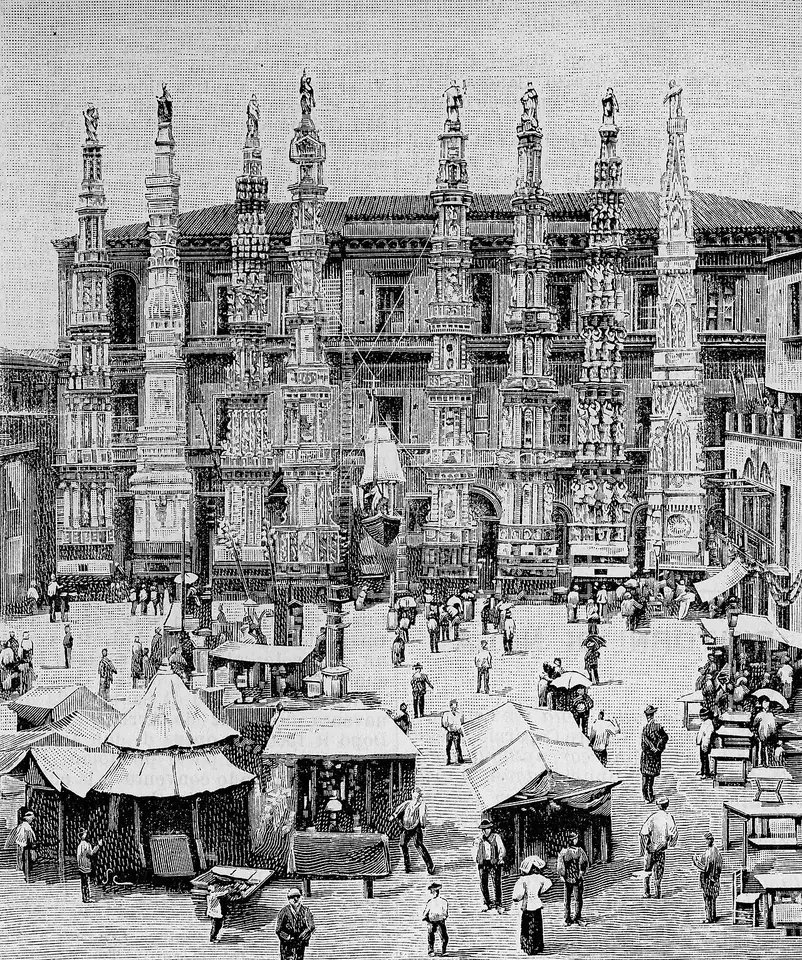 Old woodcut of a town square crowded with people and market stalls, with eight tall carved wooden towers standing in front of a palace