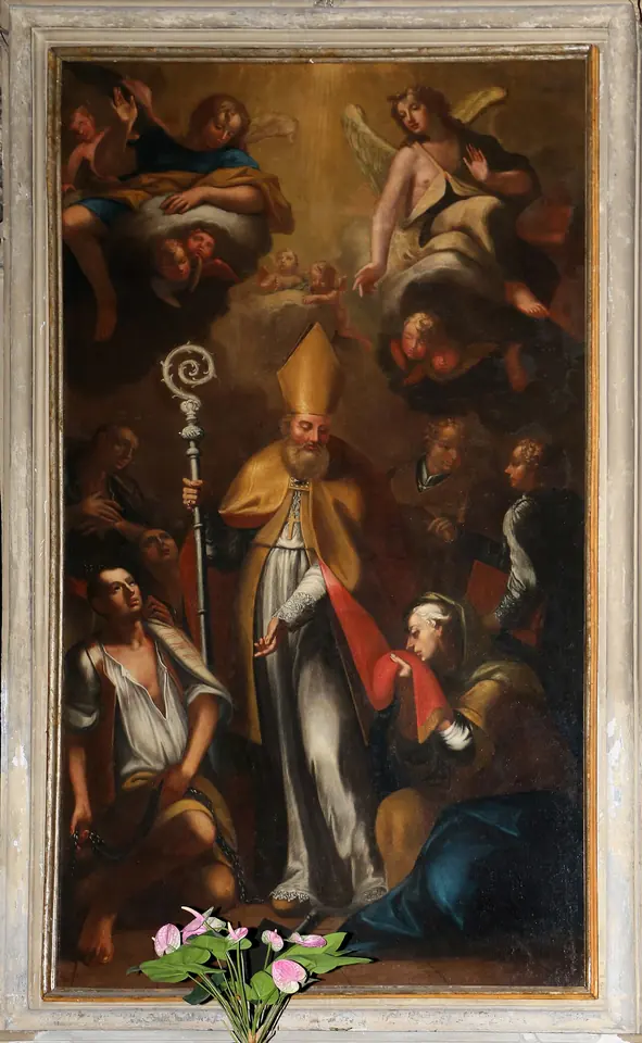 Baroque altar painting of a bishop with a crozier among kneeling poor people and prisoners, with angels in the clouds above