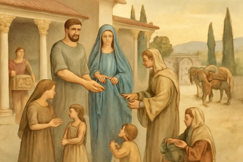 Watercolor-style scene of Paulinus and his wife Therasia giving their goods to the poor before leaving for Nola
