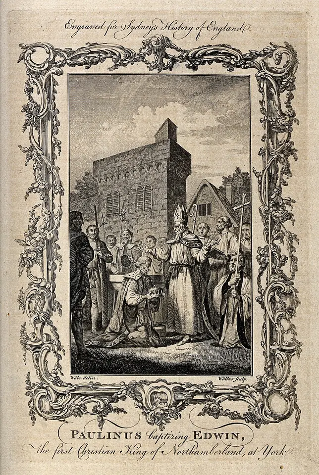Eighteenth-century etching in an ornate frame of a bishop in a miter pouring water on a kneeling king before a square stone tower, with clergy and courtiers around them