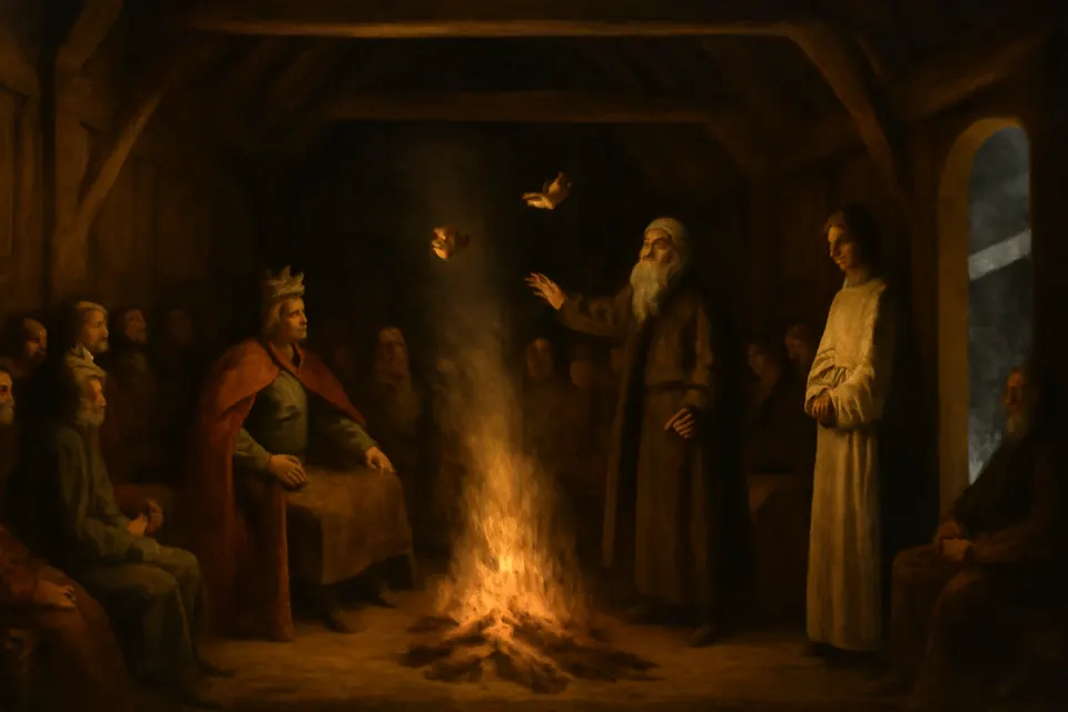 Oil-painting-style scene of an Anglo-Saxon king in a firelit timber hall listening to his counselors while a small bird flies through the hall
