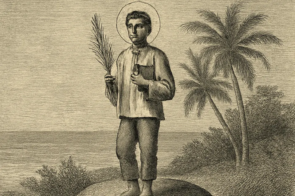 Engraving-style illustration of St. Pedro Calungsod as a slim teenager in a simple shirt holding a martyr's palm and a catechism book