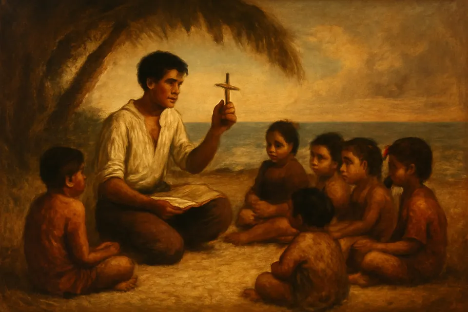 Oil painting of the teenage Pedro Calungsod teaching a small group of island children the catechism under a palm tree