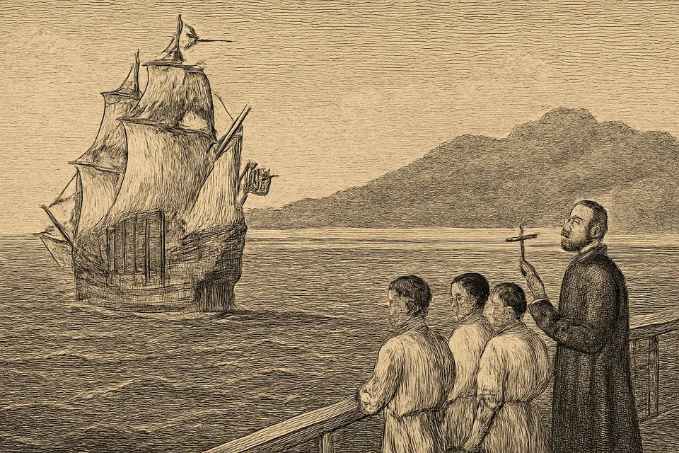 Illustration of a Spanish galleon under full sail approaching a green Pacific island in 1668, with a young catechist and a priest at the rail