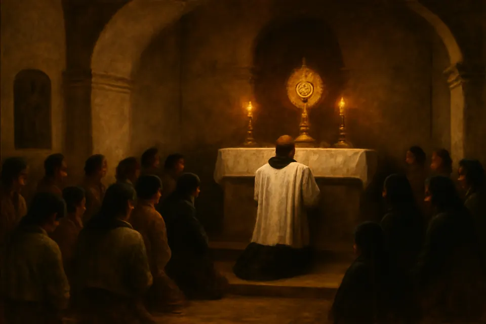 Oil-painting-style scene of a village church at night where men and women kneel in adoration before the Blessed Sacrament in a monstrance, with a priest kneeling in front
