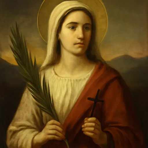 Oil-painting-style portrait of St. Pelagia of Tarsus as a young woman in a plain white garment and veil, holding a martyr's palm and a small cross