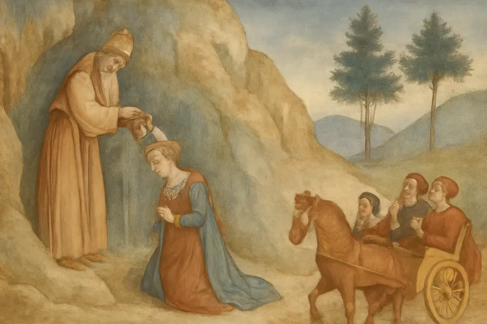 Fresco-style scene of an old bishop in a mountain place baptizing a young woman at a spring that flows from the rocks, while her chariot and servants wait on the road below