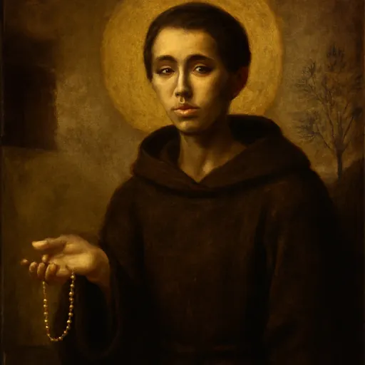 Oil-painting-style portrait of St. Pelagia the Penitent in a plain dark hooded robe, her face thin from fasting, a string of pearls lying discarded in her hand