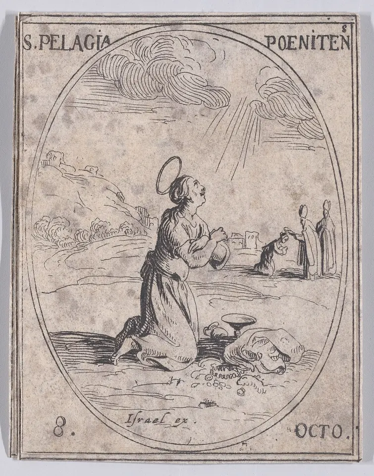 Small oval etching of a haloed woman kneeling on the ground with her hands raised toward rays of light from the sky, with discarded jewelry and a jar beside her, and figures and buildings in the distance