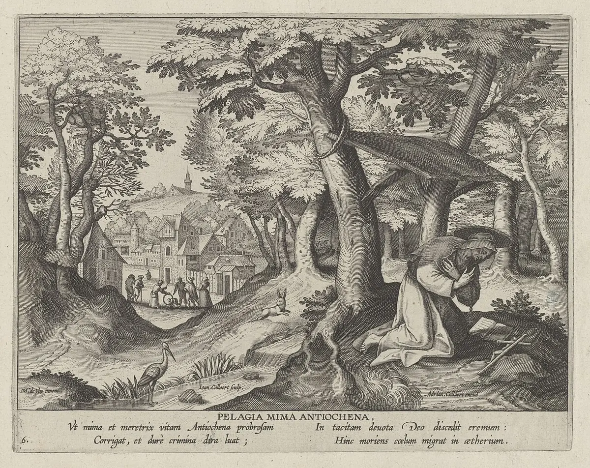 Flemish engraving of a hooded penitent kneeling in prayer under a rough shelter among large trees, with a town and a procession visible in the distance and Latin verses below