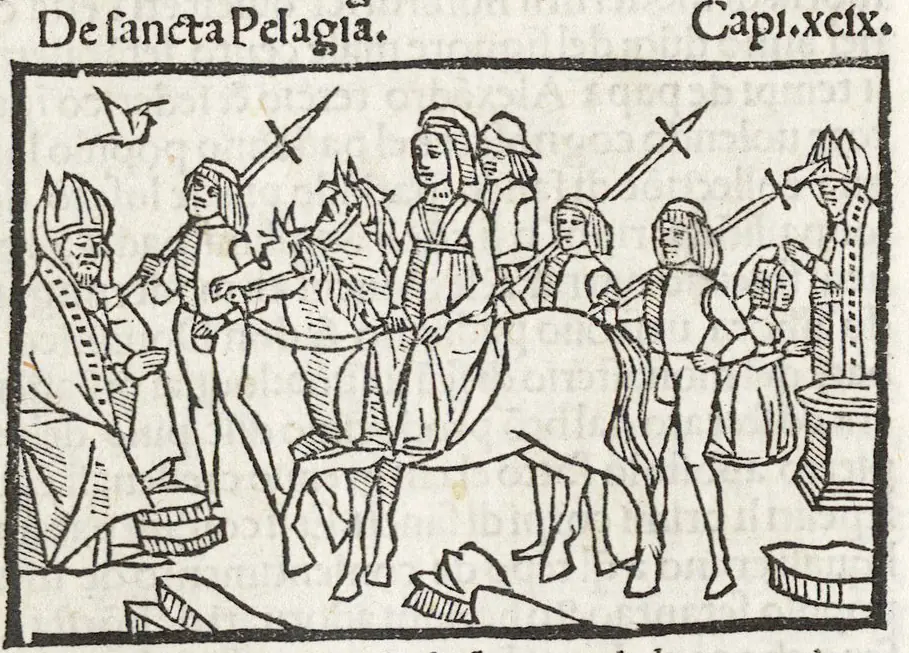Black-and-white woodcut headed "De sancta Pelagia" showing a woman riding a horse in procession, surrounded by young men with spears, past seated bishops in miters
