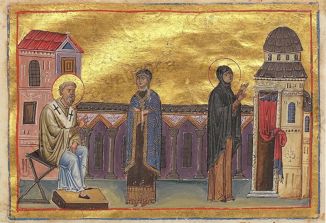 Byzantine manuscript miniature on gold ground showing a haloed bishop seated at left, a richly dressed woman standing before him in the center, and the same woman in a dark veil standing in prayer before a church at right