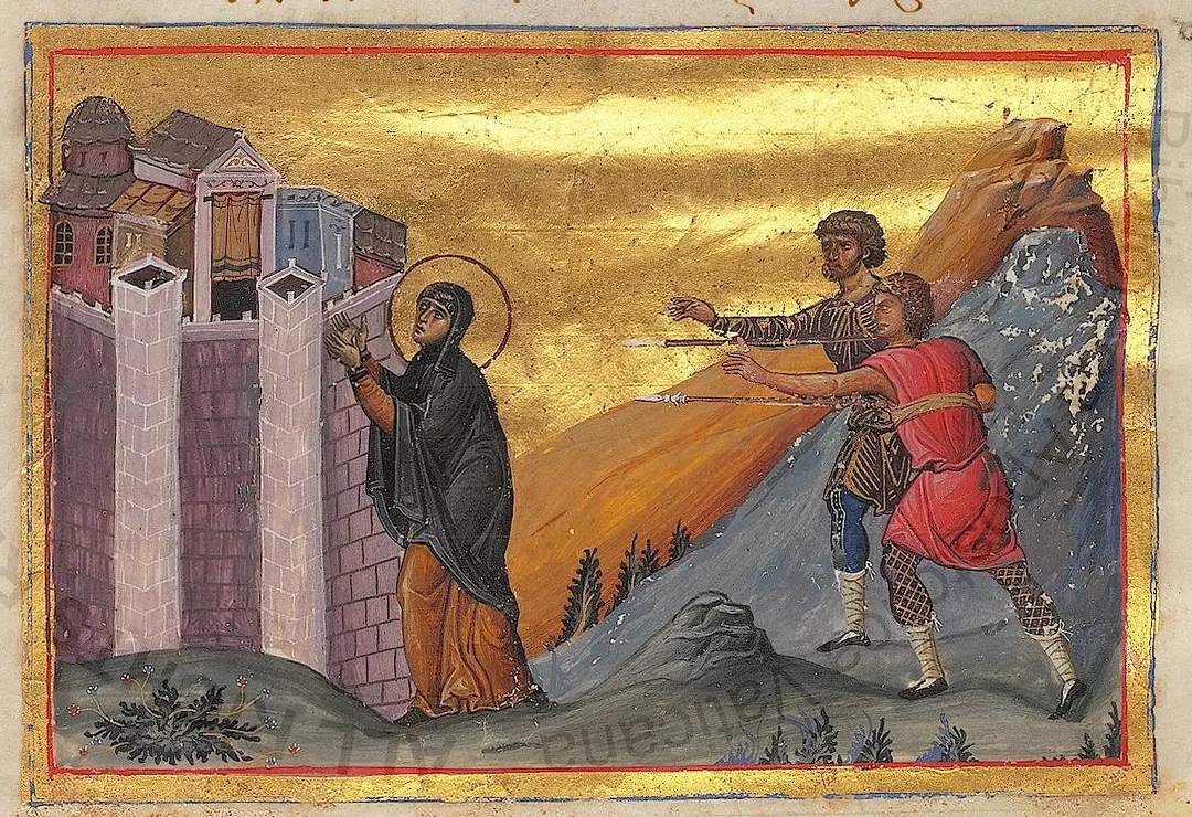 Byzantine miniature on gold ground of a haloed young woman in a dark veil at the walls of a tall pink fortress, raising her hands, as two men in short tunics hurry toward her from a rocky hillside