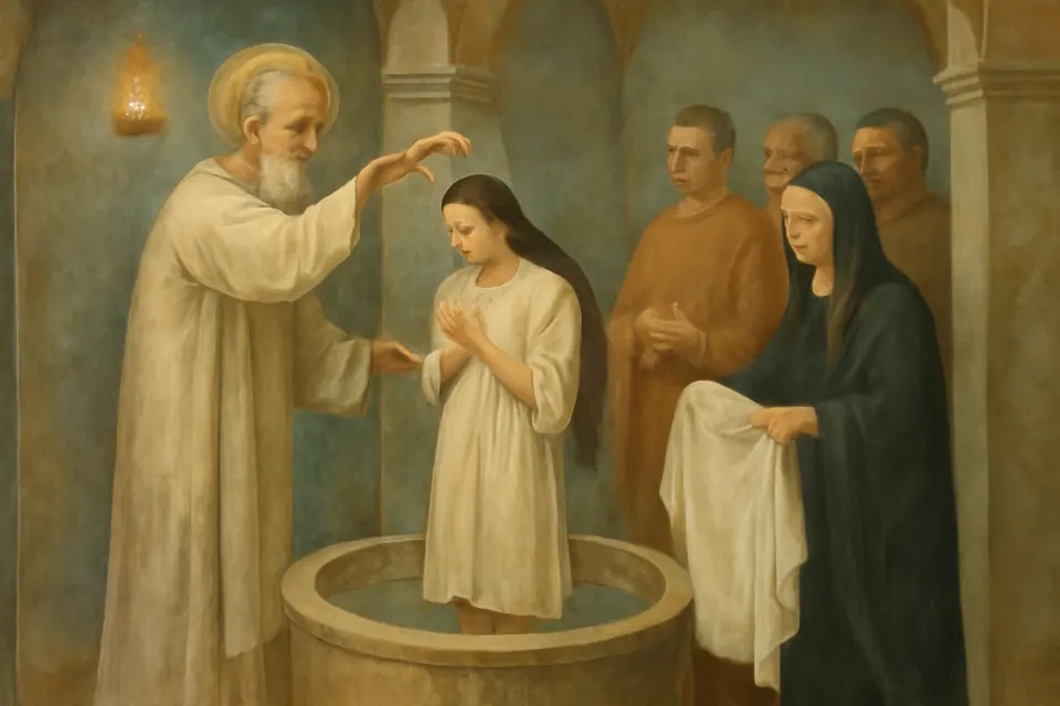 Fresco-style illustration of Bishop Nonnus baptizing Pelagia while the deaconess Romana stands beside her in Antioch