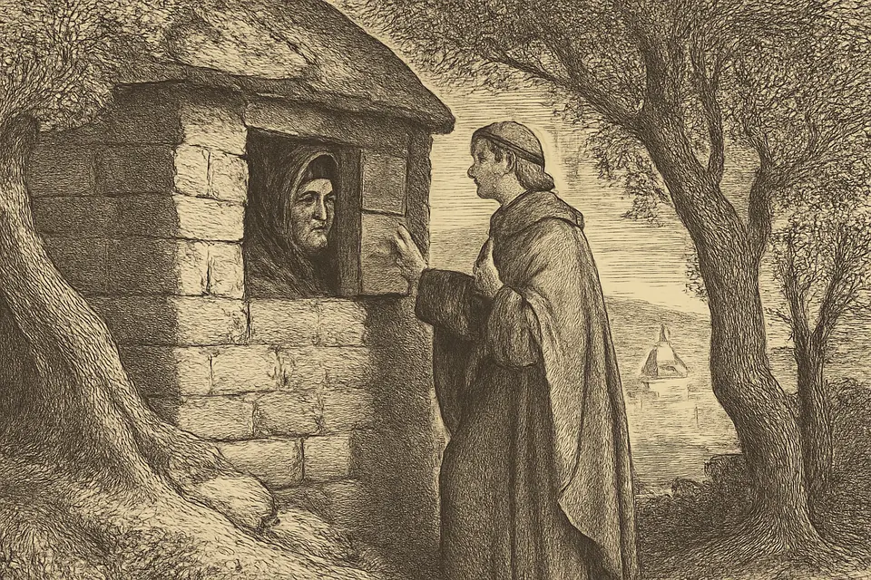 Engraving-style illustration of James the Deacon speaking through the small window of a hermit's cell on the Mount of Olives