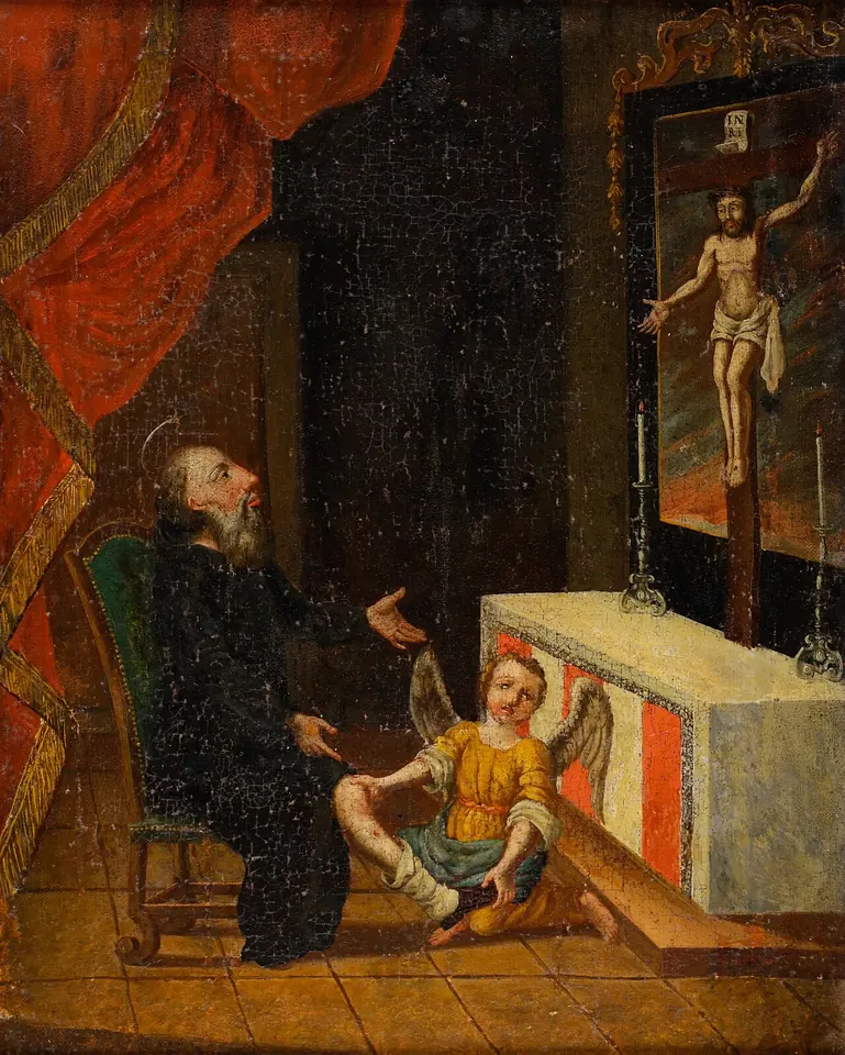 Painting of a white-bearded friar in a black habit seated in a red chair by an altar, gazing at a crucifix as a winged child angel tends his bare leg