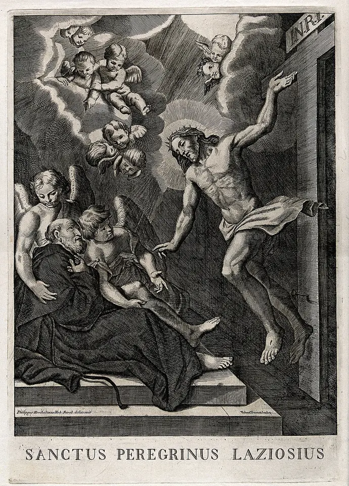 Engraving of Christ leaning down from the cross, surrounded by angels and clouds, to touch the leg of a friar lying on the floor, captioned "Sanctus Peregrinus Laziosius"