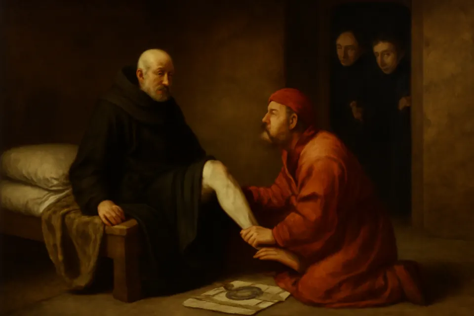 Illustration of a medieval physician and friars staring in astonishment at the healed leg of the elderly Peregrine on the morning set for his amputation