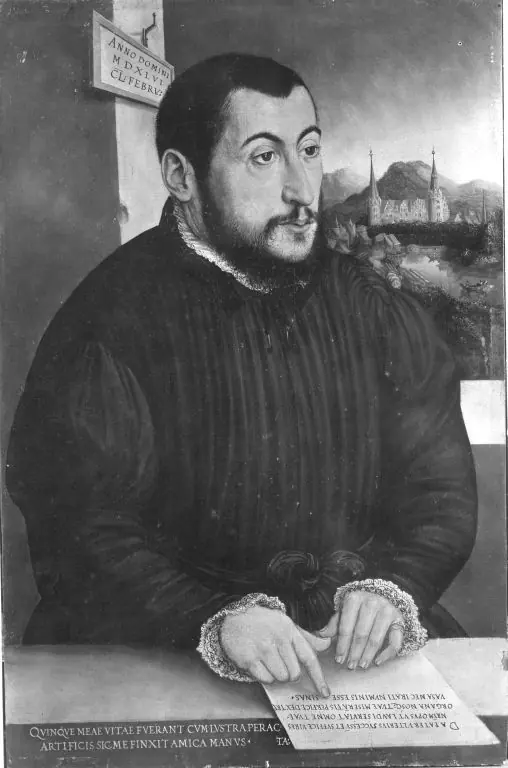 Black-and-white reproduction of a painted portrait of a young dark-haired, bearded Peter Canisius in a dark doublet, his hand resting on an inscribed paper