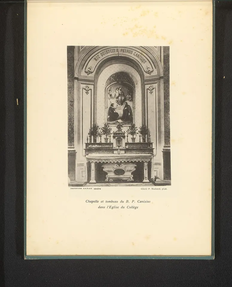 Old black-and-white print of a marble altar in an arched chapel, with a portrait of Canisius above and candlesticks on the altar