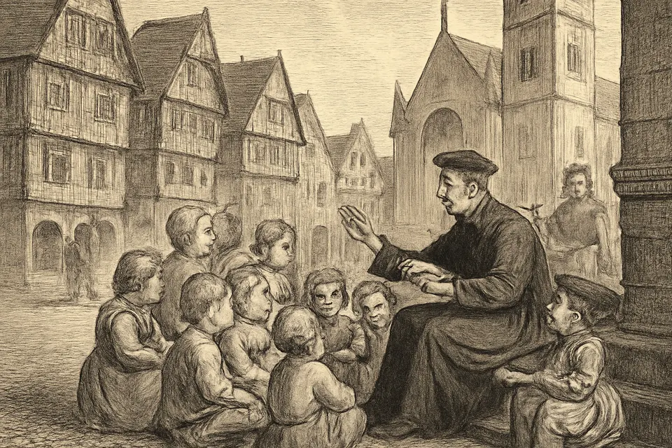 Illustration of Peter Canisius teaching the catechism to children in a German town square in the 1550s