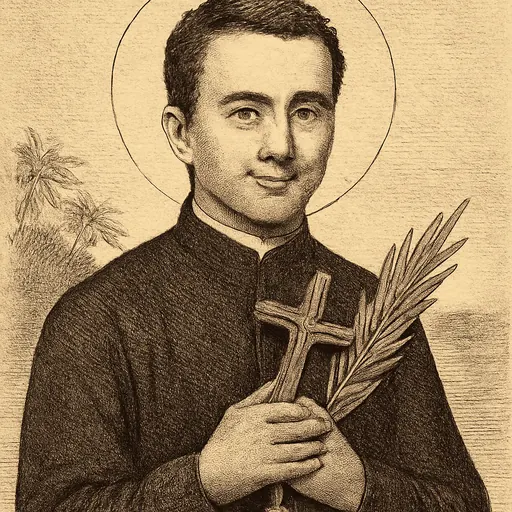 Engraving-style portrait of St. Peter Chanel as a young priest in a black cassock, holding a crucifix and a palm branch